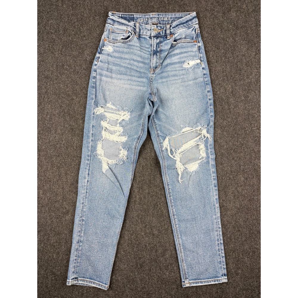 American Eagle Curvy Mom Jeans Size 2 Regular Light Wash Distressed Ripped Blue